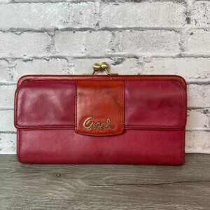 Coach red leather Kisslock  trifold checkbook wallet.